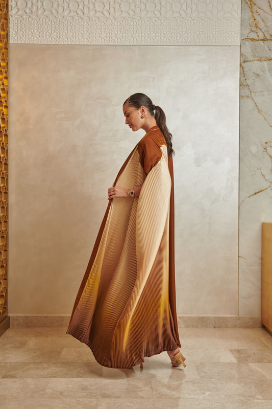 Yellow/Brown Pleated Ombre Velvet Abaya