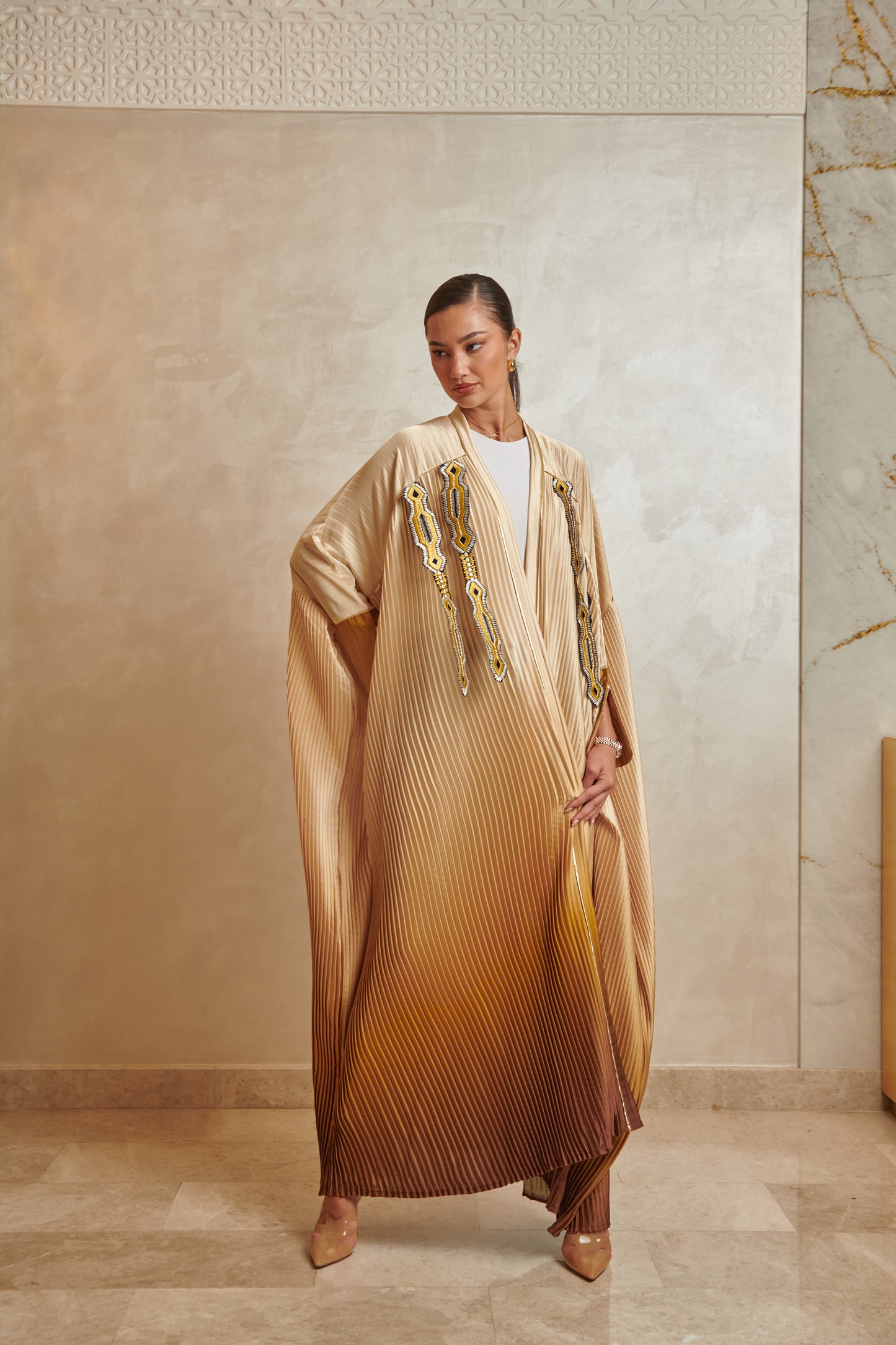 Yellow/Brown Pleated Abaya