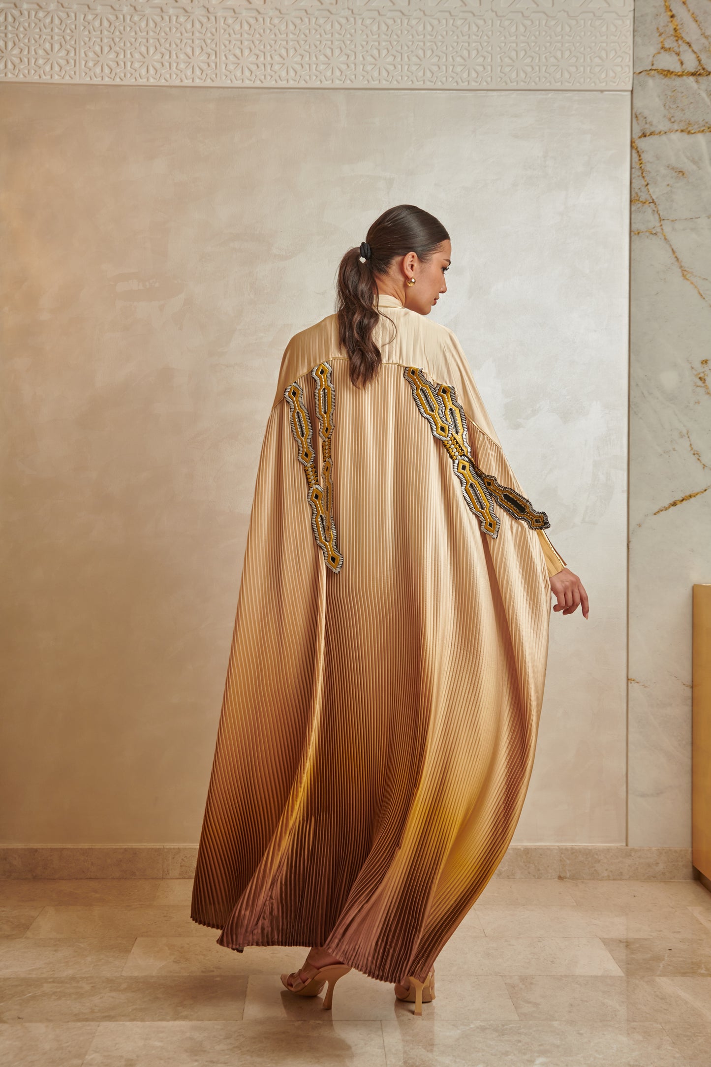 Yellow/Brown Pleated Abaya