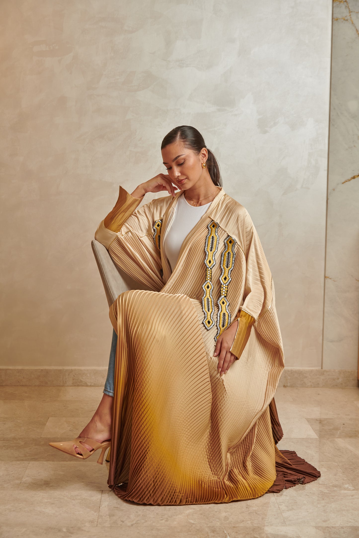 Yellow/Brown Pleated Abaya